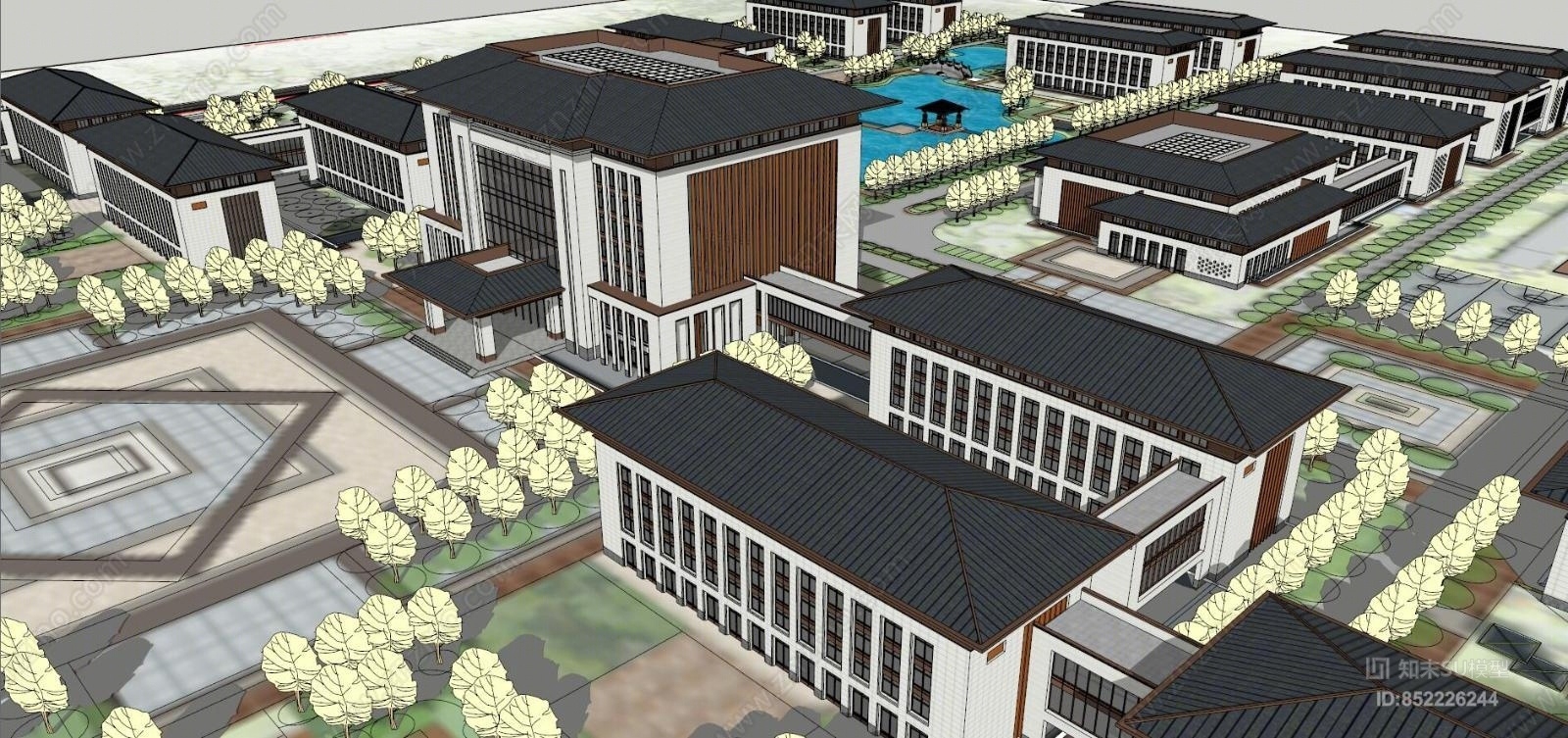中式风格中小学 教育建筑 学校操场 校园景观 特色新中式学校su模型