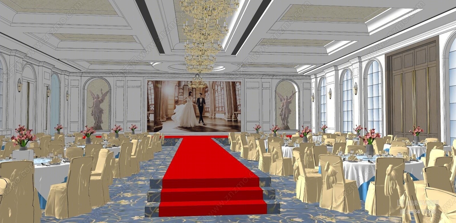 原创欧式婚庆宴会厅 酒店宴会厅su模型下载【id:943417035】
