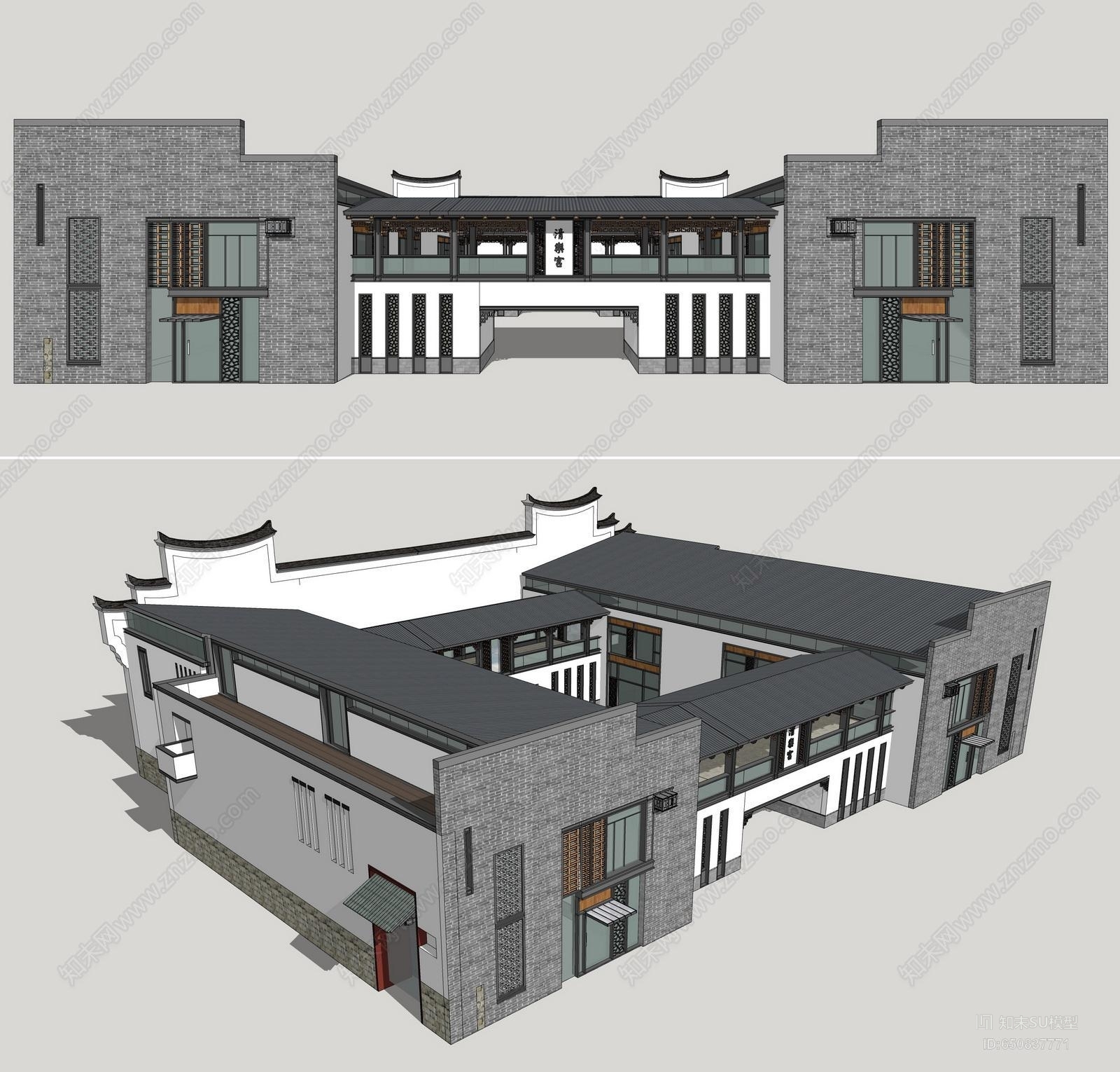 原创中式风格建筑 徽派民居建筑 徽派商街建筑su模型下载【id