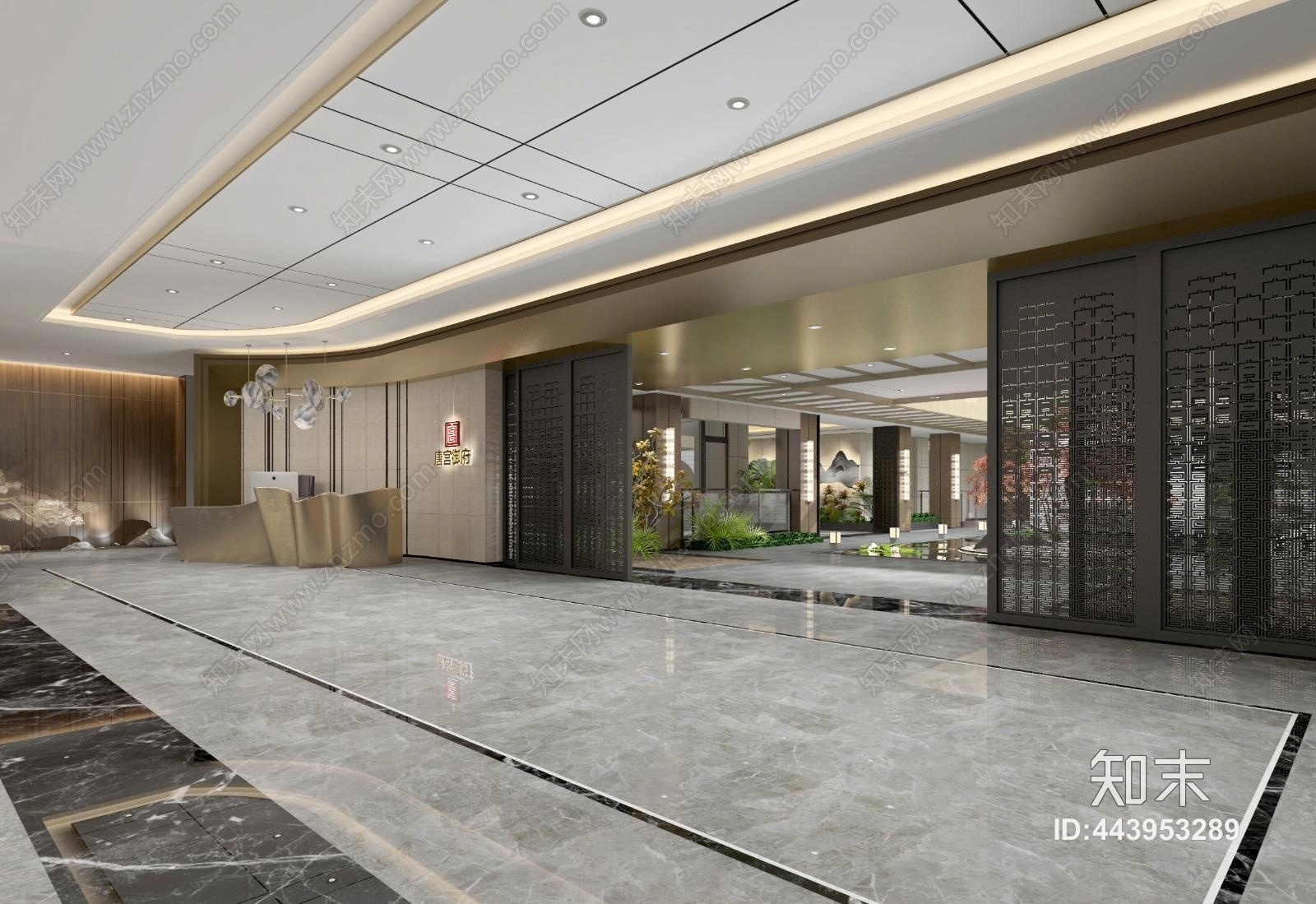 新中式工装大堂3d模型下载【id:443953289】