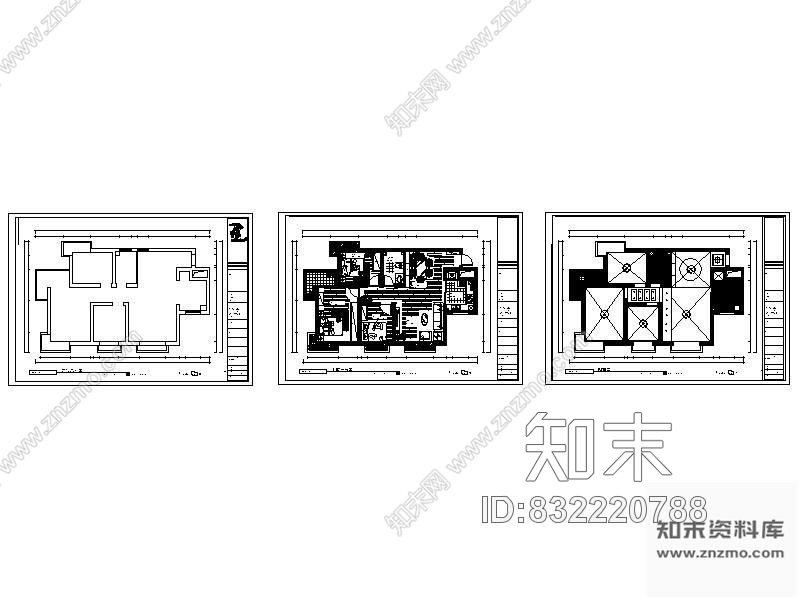 图块/节点三室二厅施工平面布置图cad施工图下载【ID:832220788】