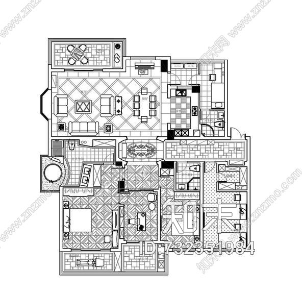 南京天正滨江五房户型cad施工图下载【ID:732351984】