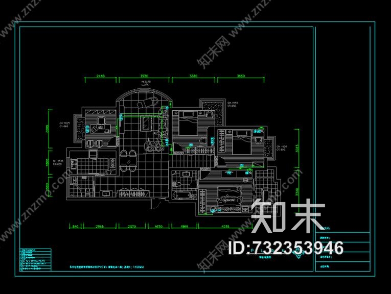 超现代风格三室二厅装修图cad施工图下载【ID:732353946】