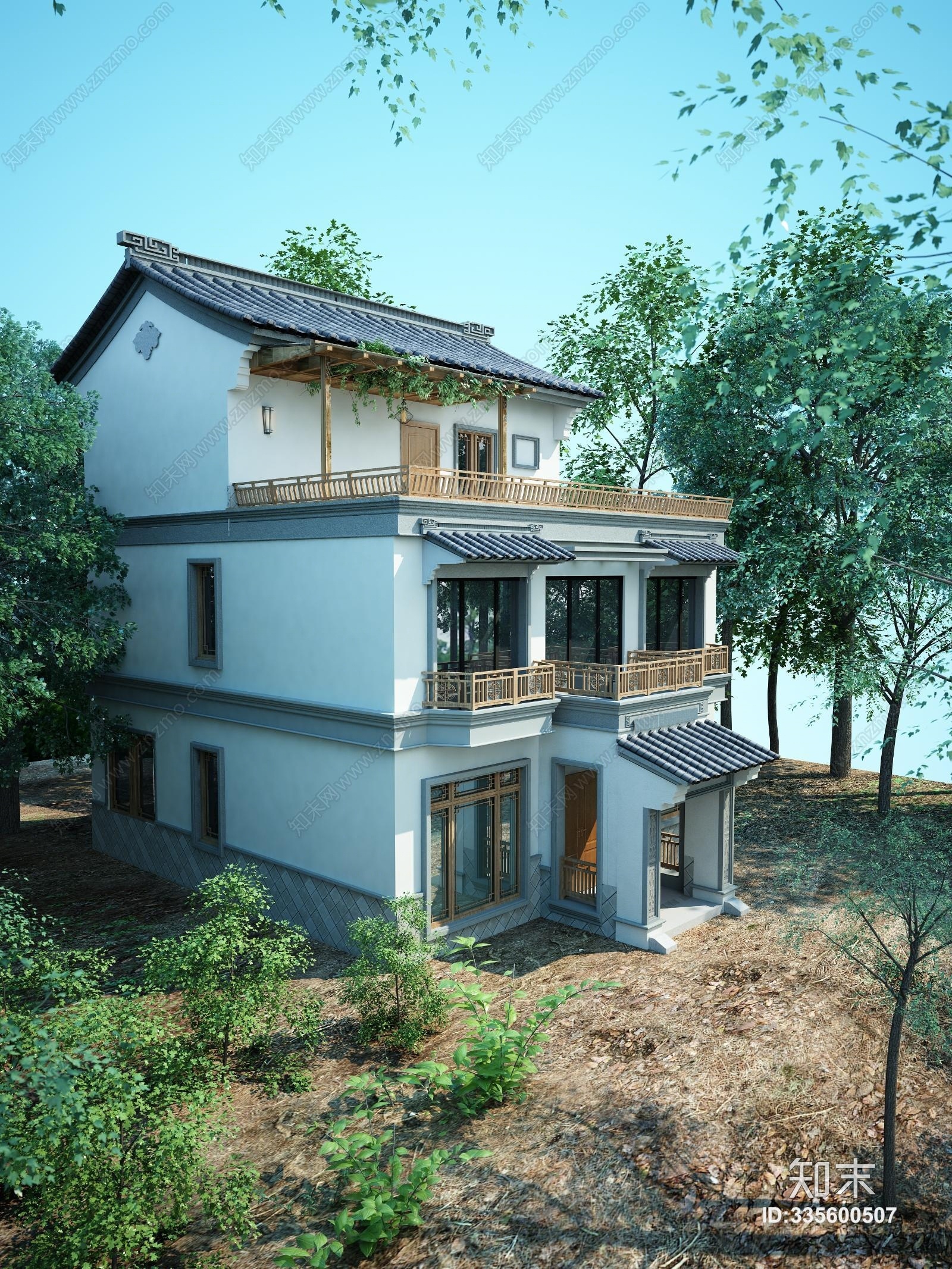 新中式别墅外观 瓦房
