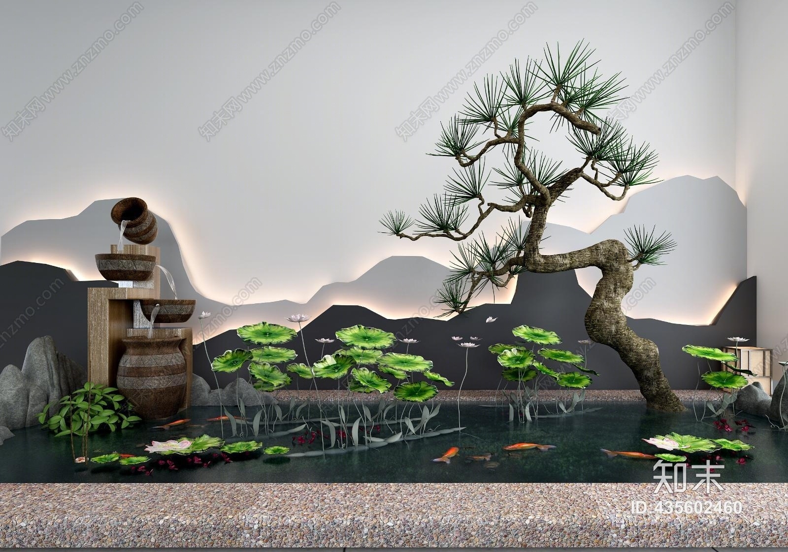 新中式园林景观小品水池荷花鱼3d模型下载