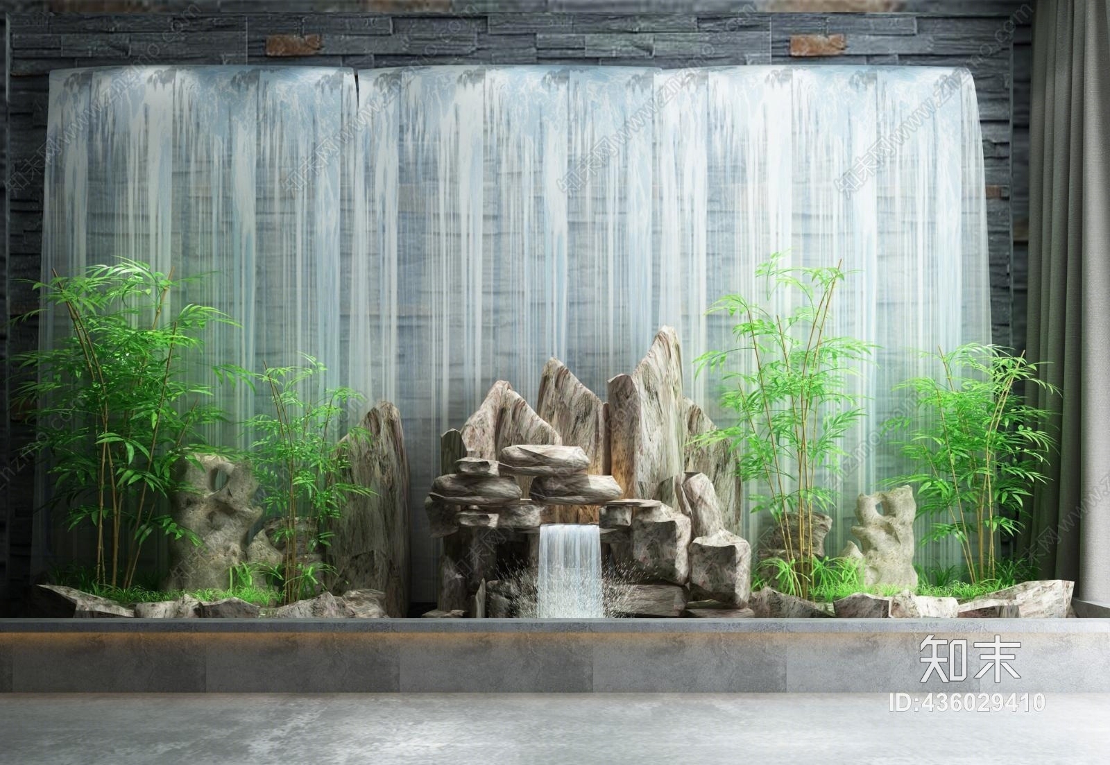 中式流水墙假山水景小品模型