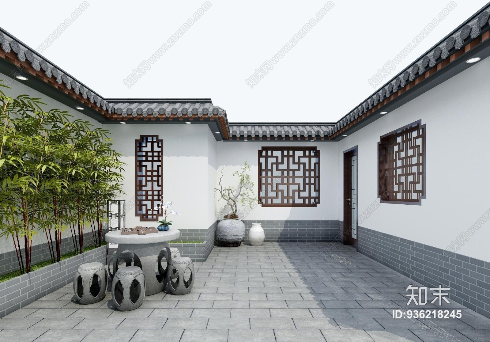新中式露台花园3d模型下载【id:936218245】