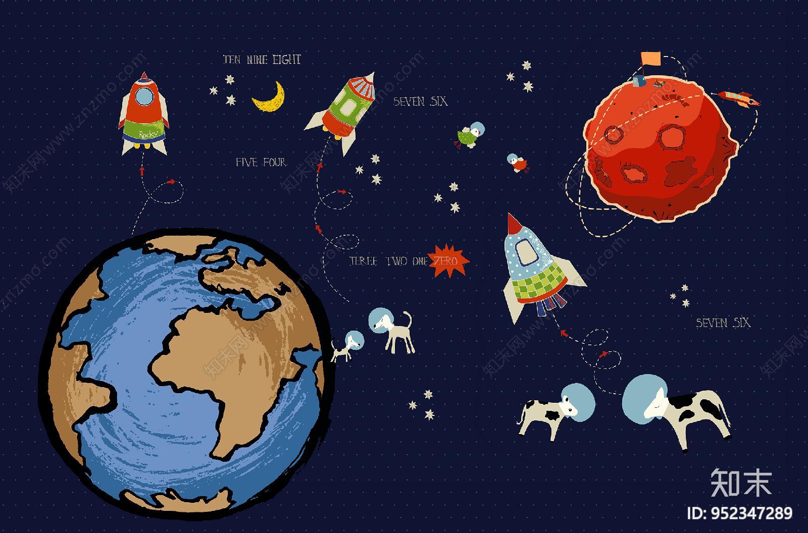 儿童壁纸太空地球火箭涂鸦幼儿园早教贴图下载