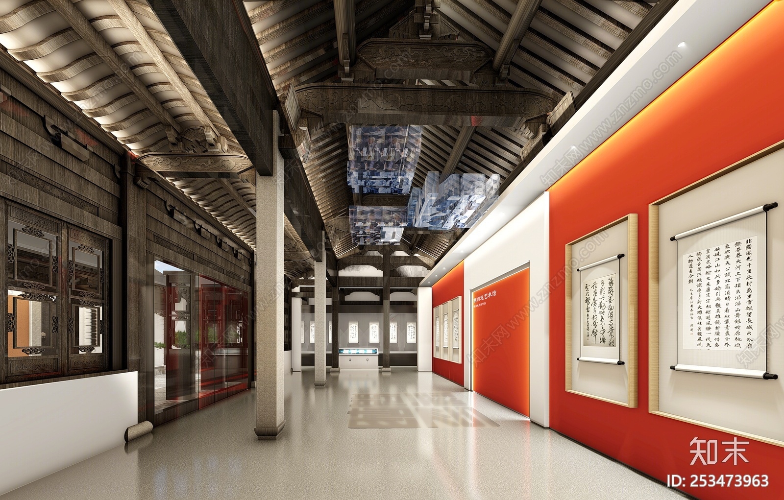 新中式风格古建筑改造书法展厅su模型下载【id:253473963】