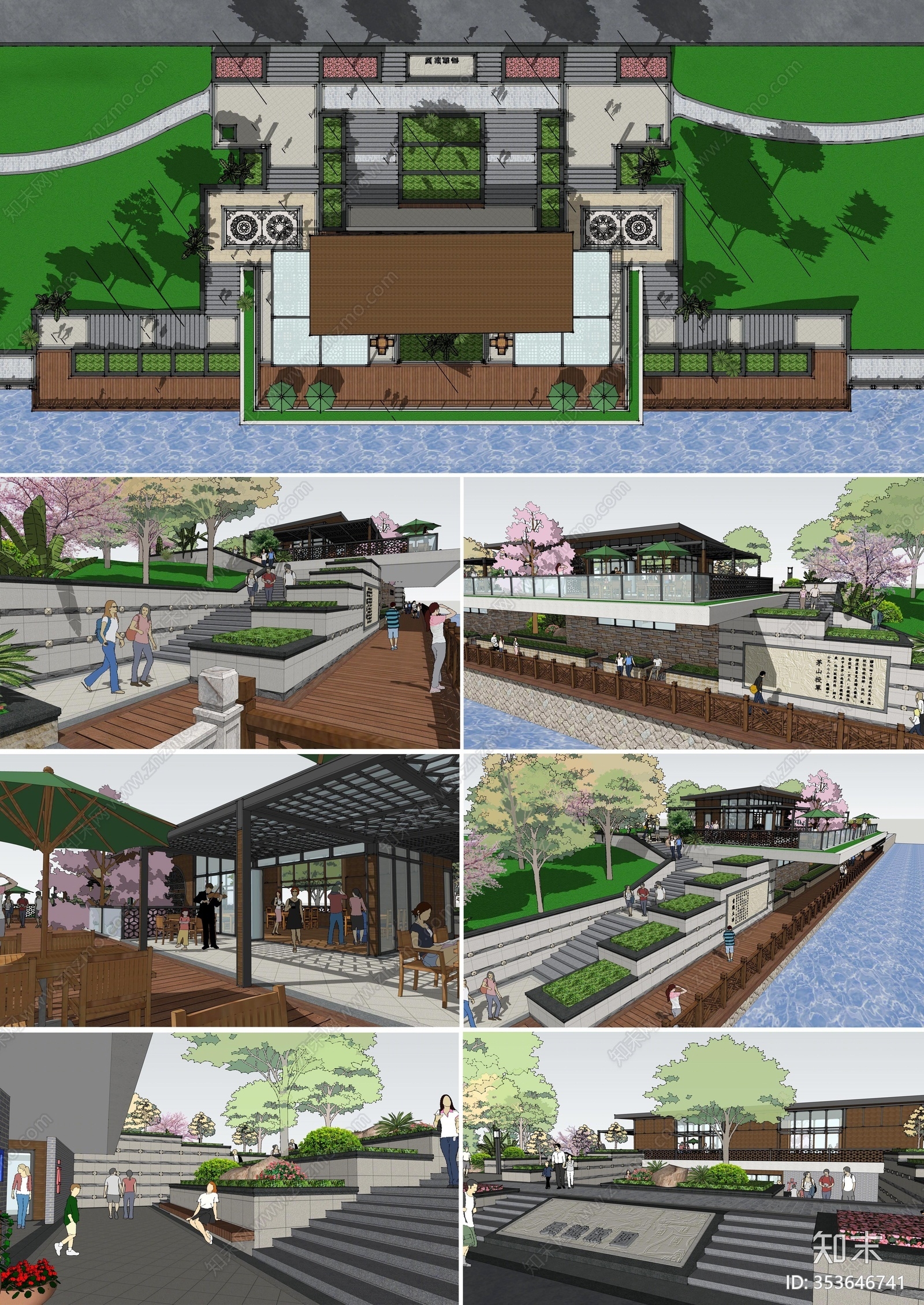 原创现代风格茶室 滨水茶室 休闲驿站 城市公园驿站su模型下载【id