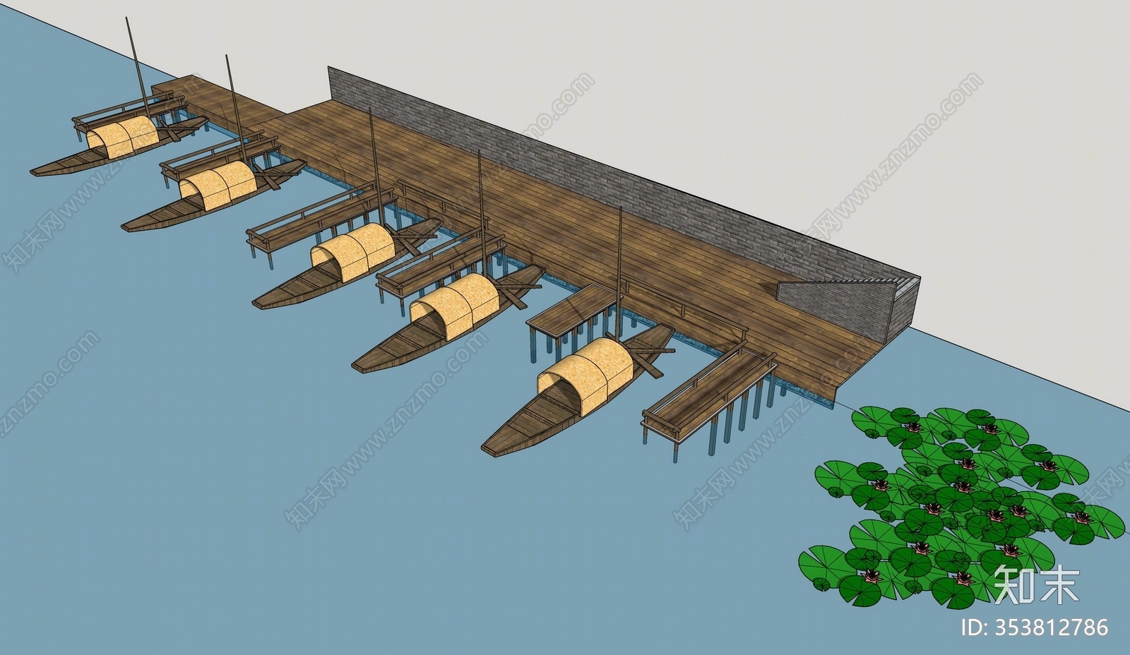 原创中式风格游船码头su模型下载【id:353812786】