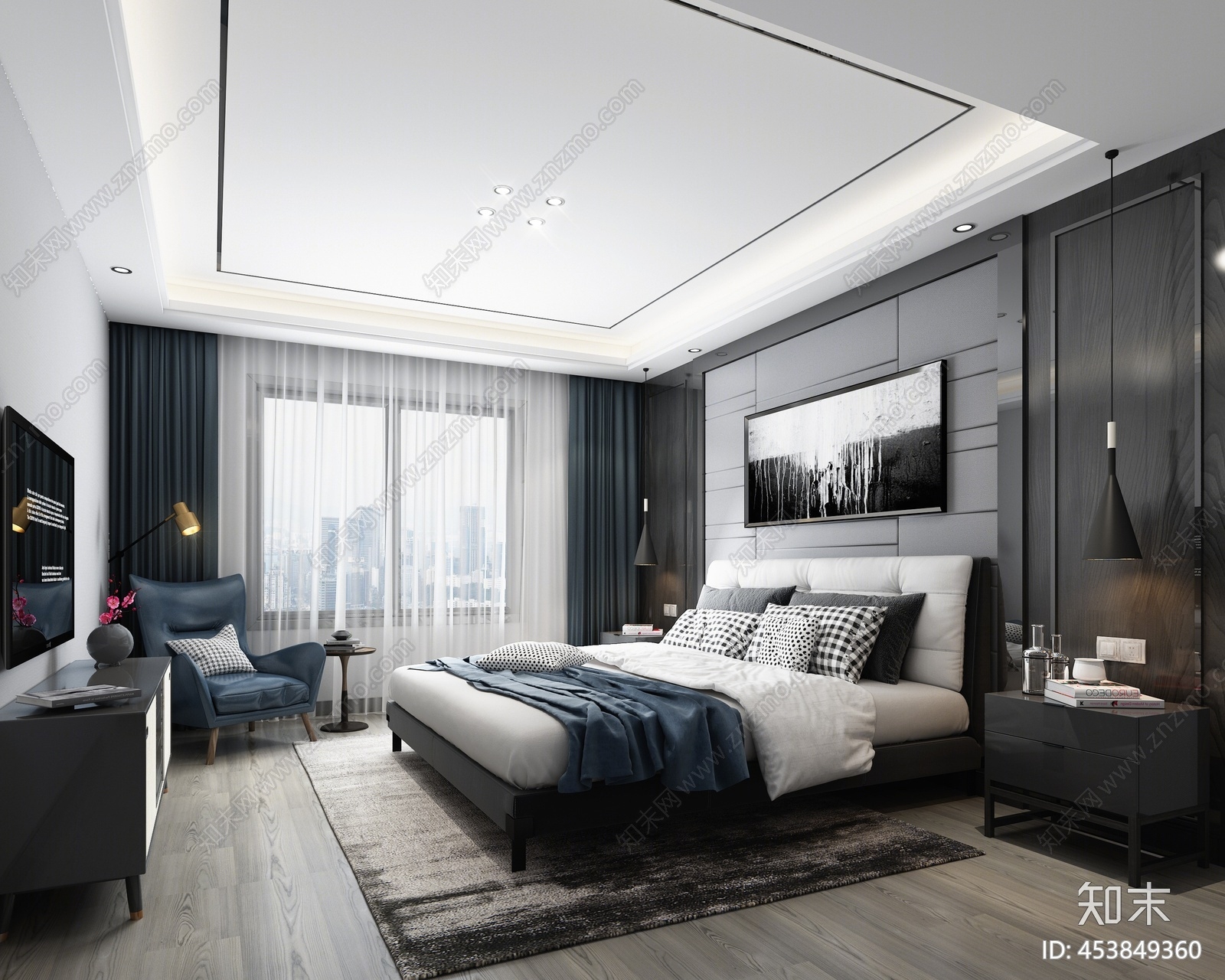 现代黑白灰卧室3d模型下载【id:453849360】