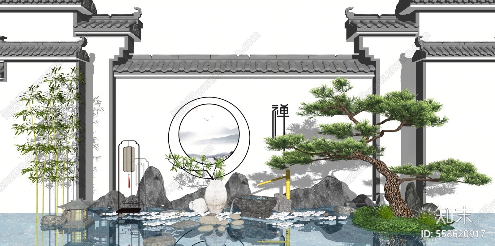 新中式风格庭院景观su模型下载