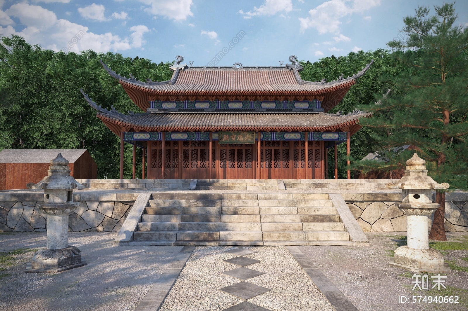 中式古建筑外观3d模型下载【id:574940662】