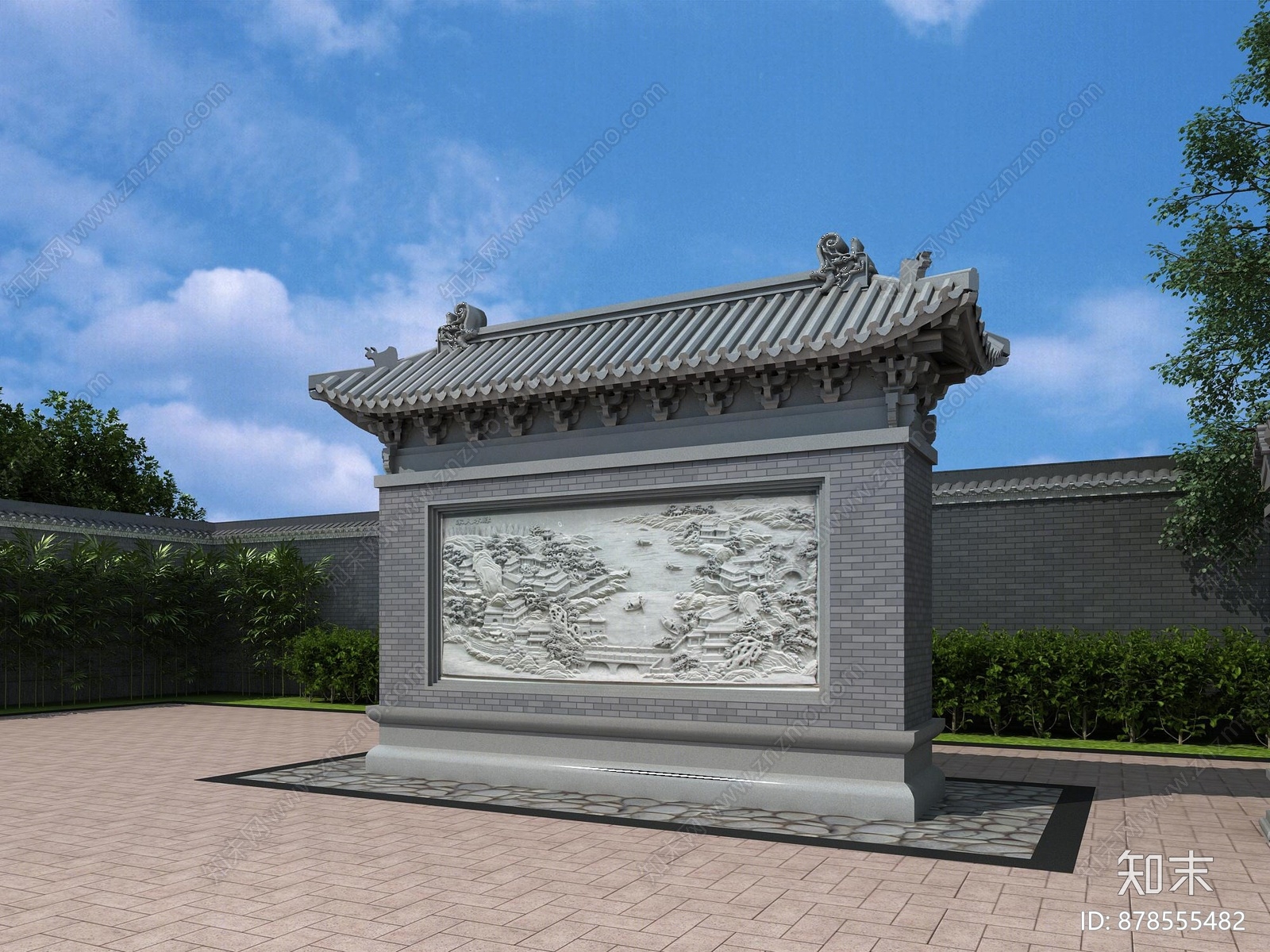中式影壁3d模型下载【id:878555482】