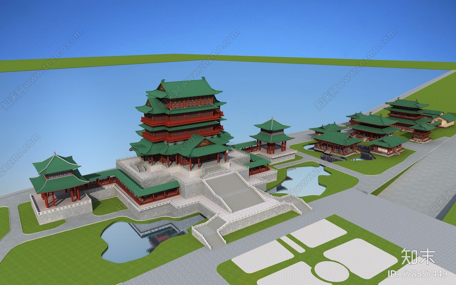 中式古建筑群鸟瞰3d模型下载