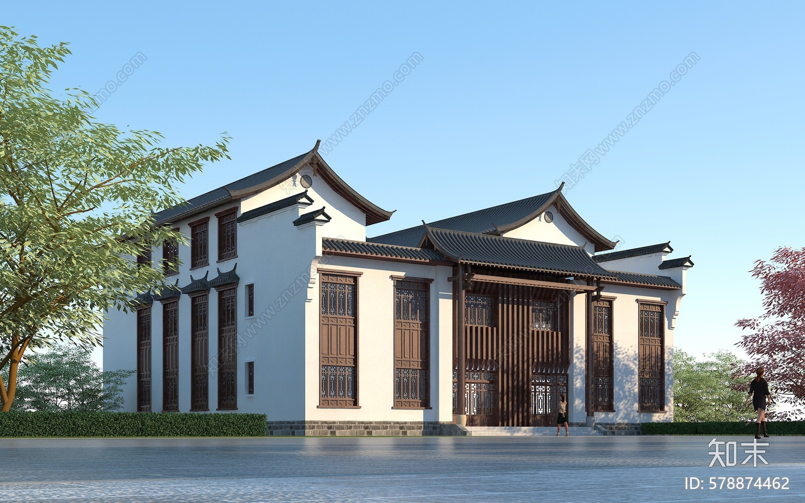 新中式建筑外观3d模型下载【id:578874462】