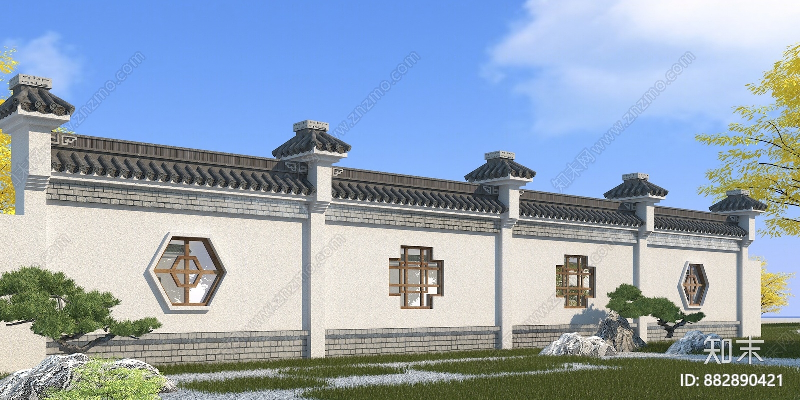 中式围墙3d模型下载