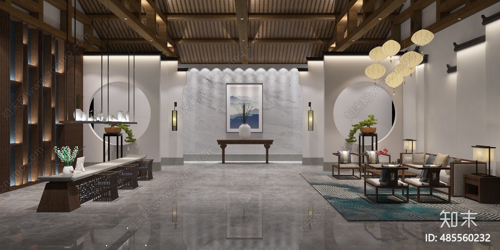 新中式酒店大厅3d模型下载【id:485560232】