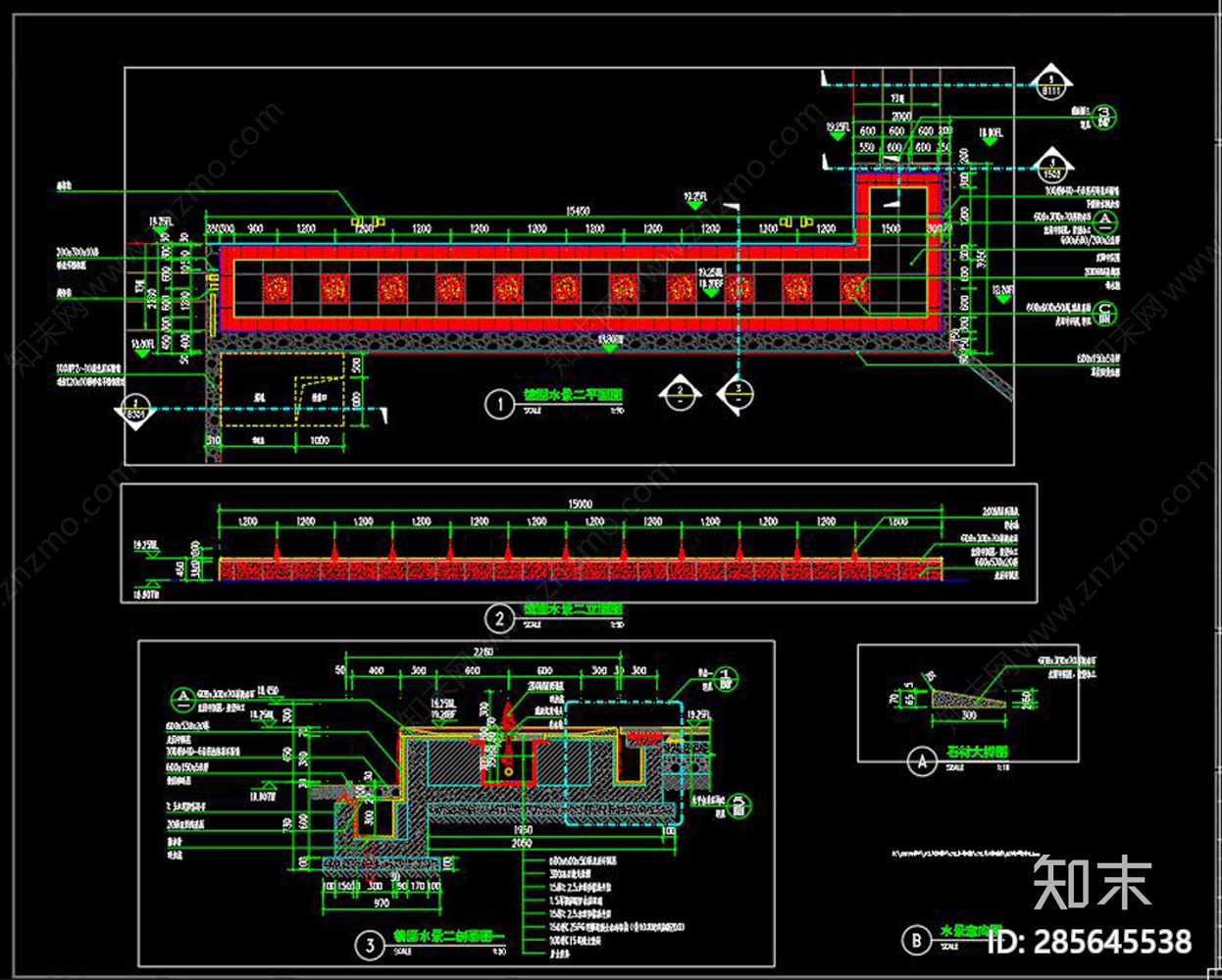 镜面水景墙cad图集施工图下载【id:285645538】