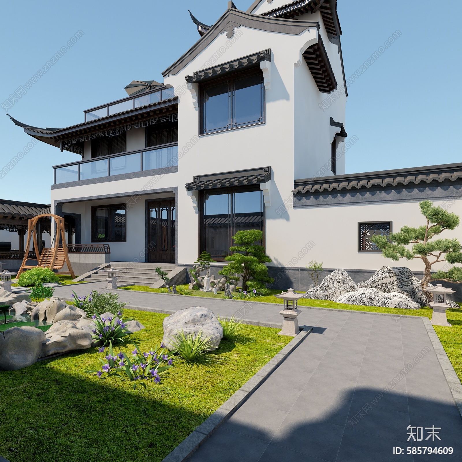 新中式建筑外观3d模型下载【id:585794609】