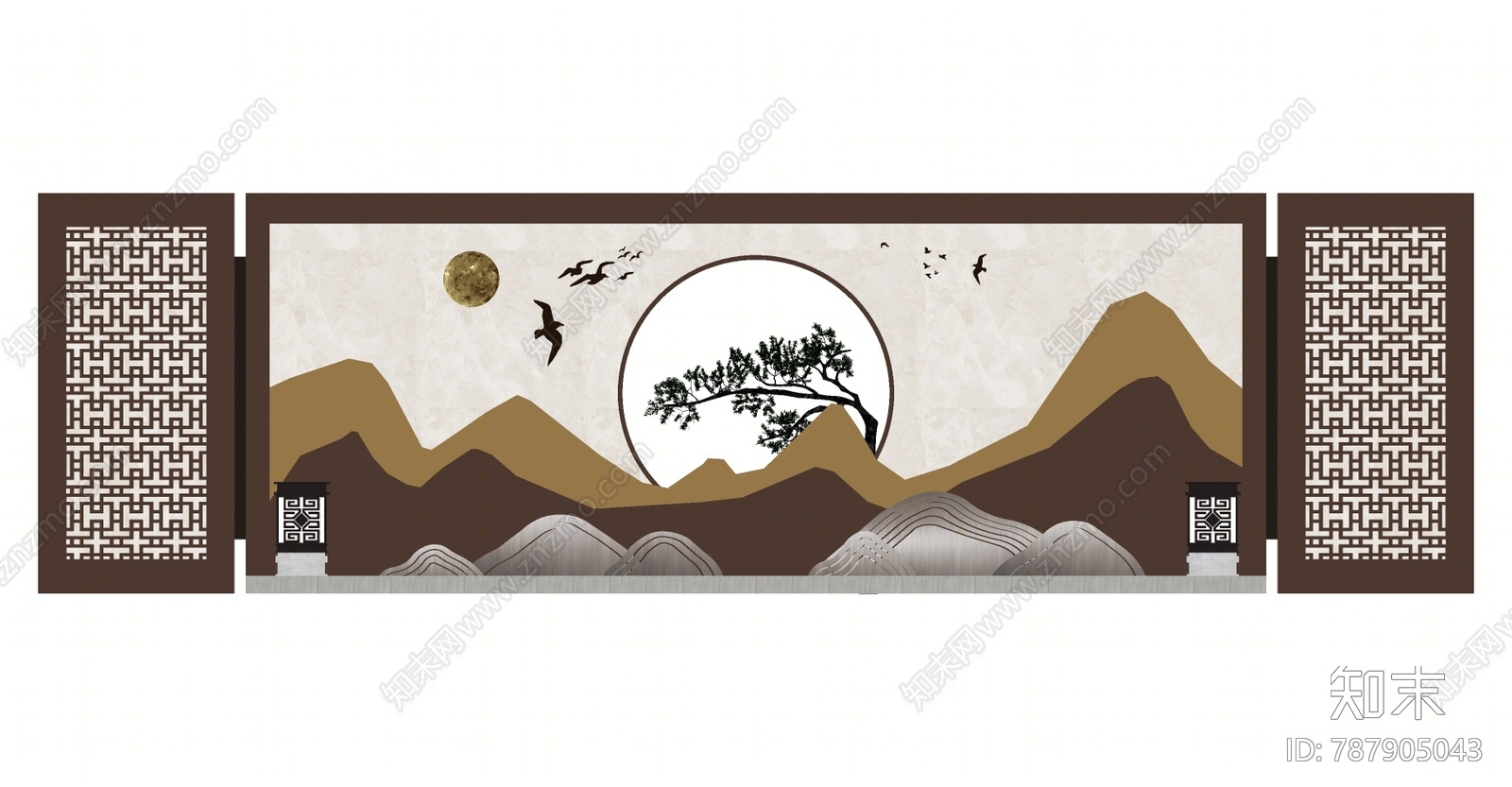 新中式景墙围墙su模型下载【id:787905043】