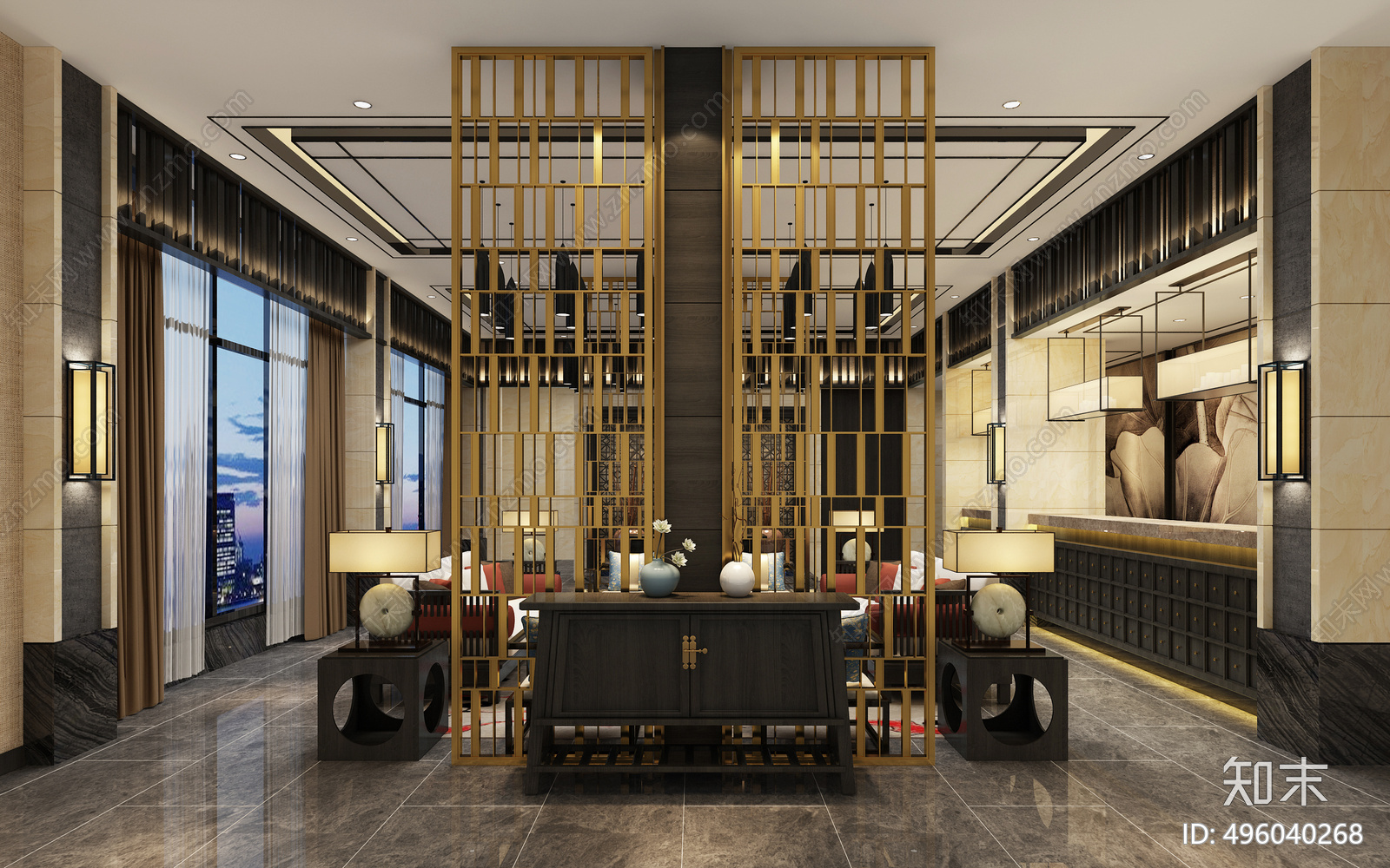 新中式酒店大堂3d模型下载【id:496040268】