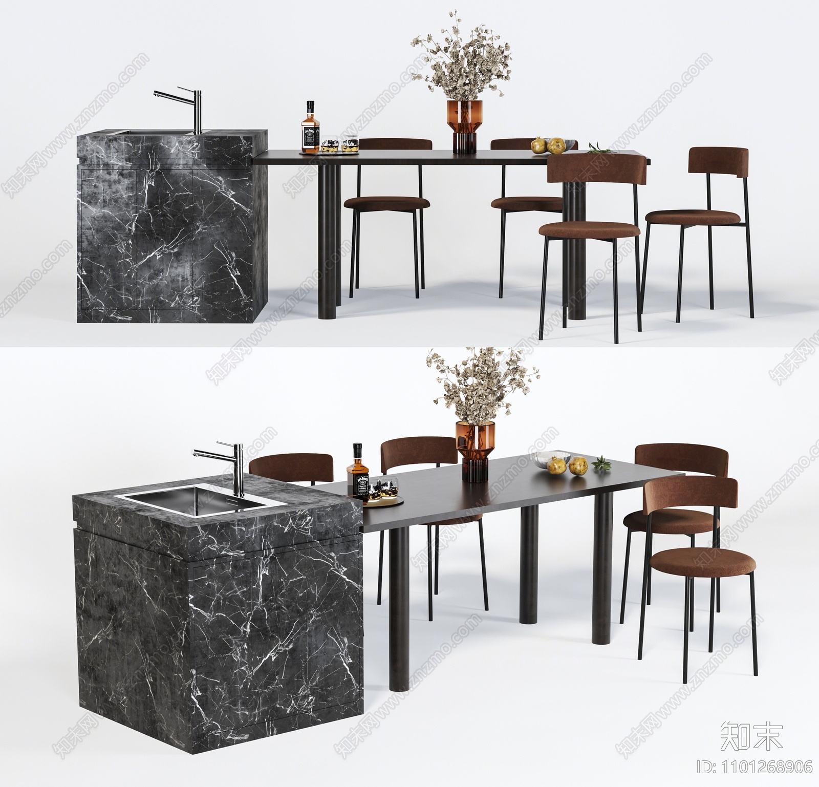 现代中岛吧台吧椅组合3d模型下载【id:1101268906】