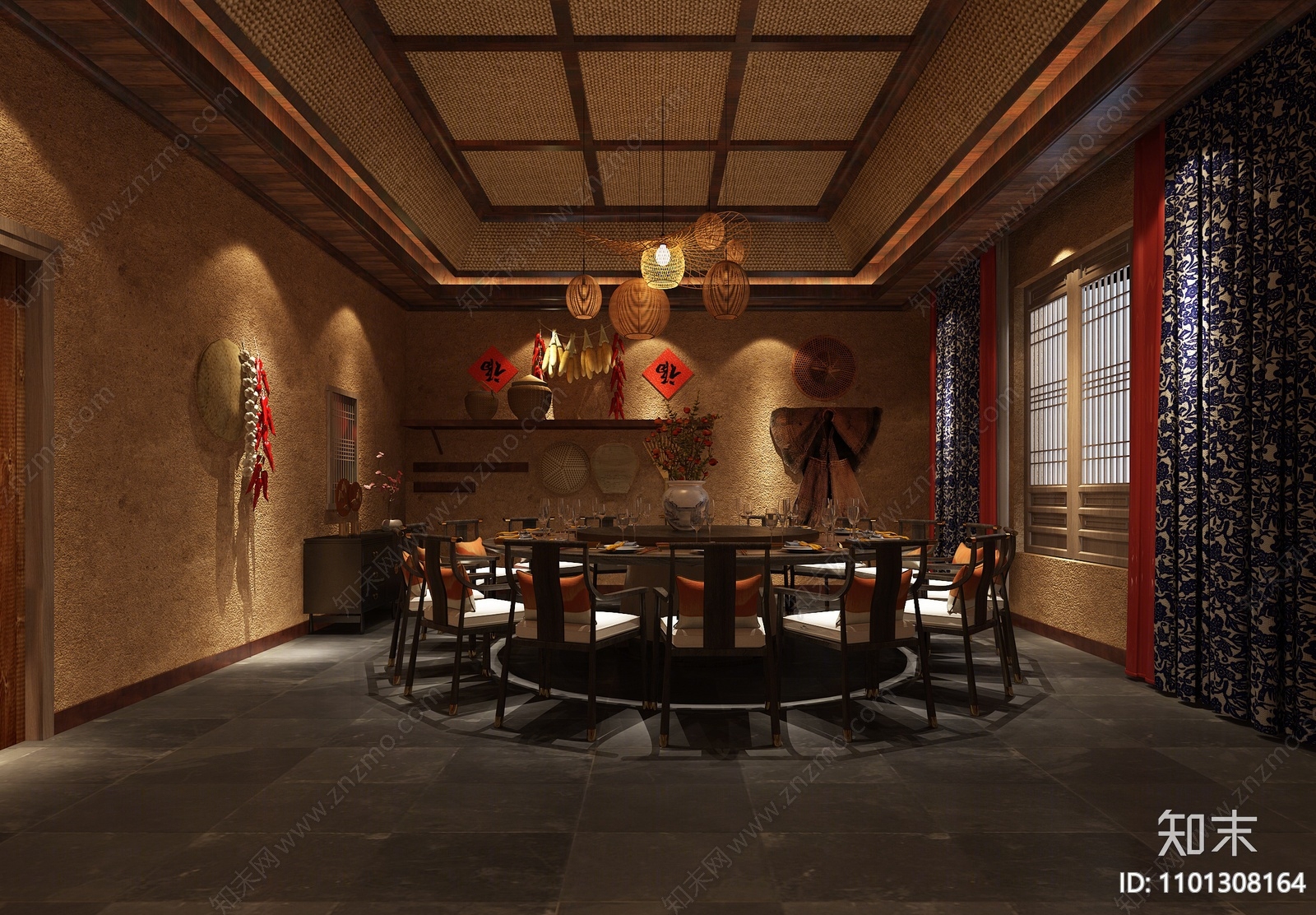 新中式复古餐厅包厢模型