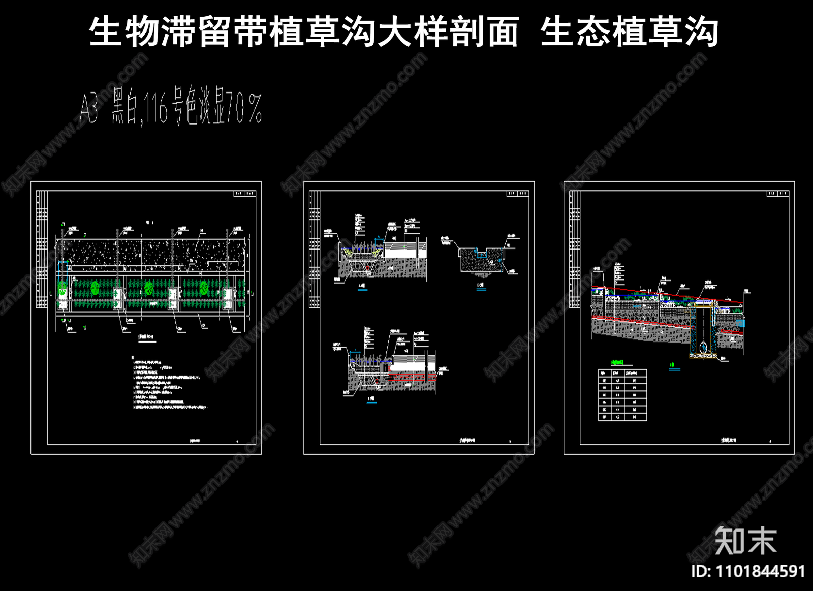 生物滞留带植草沟大样剖面施工图下载【id:1101844591】