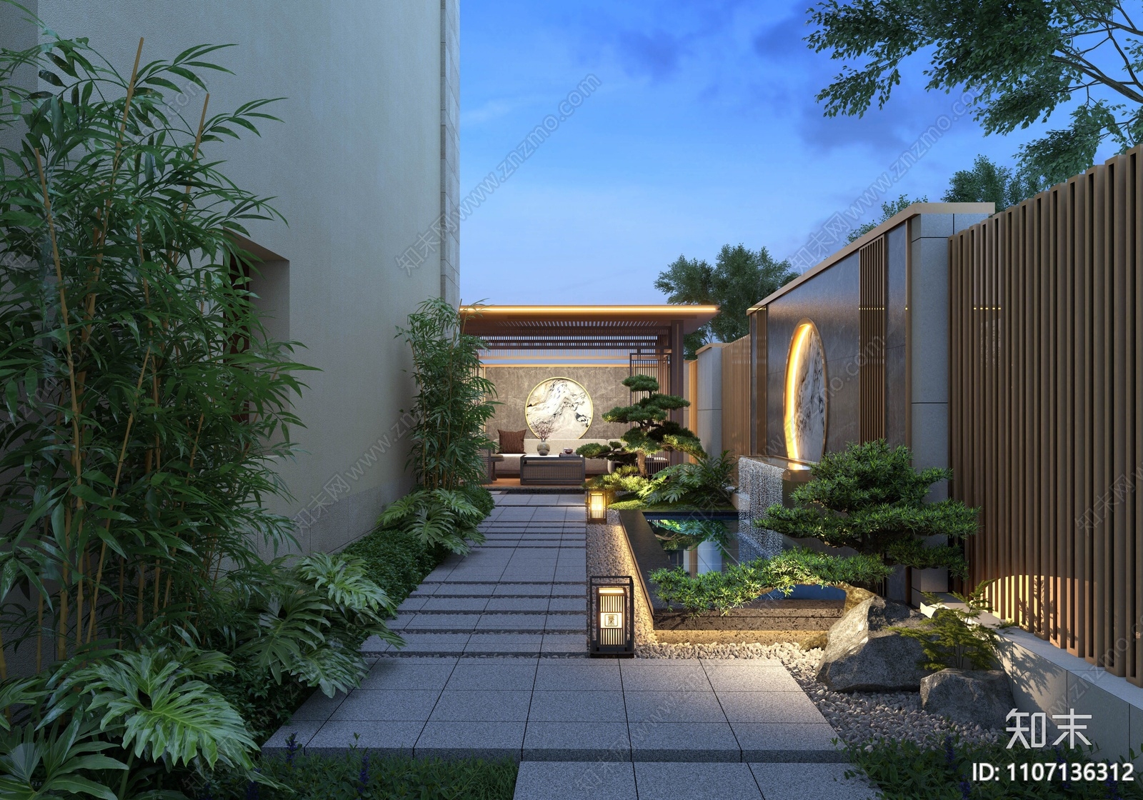 新中式别墅庭院3d模型下载
