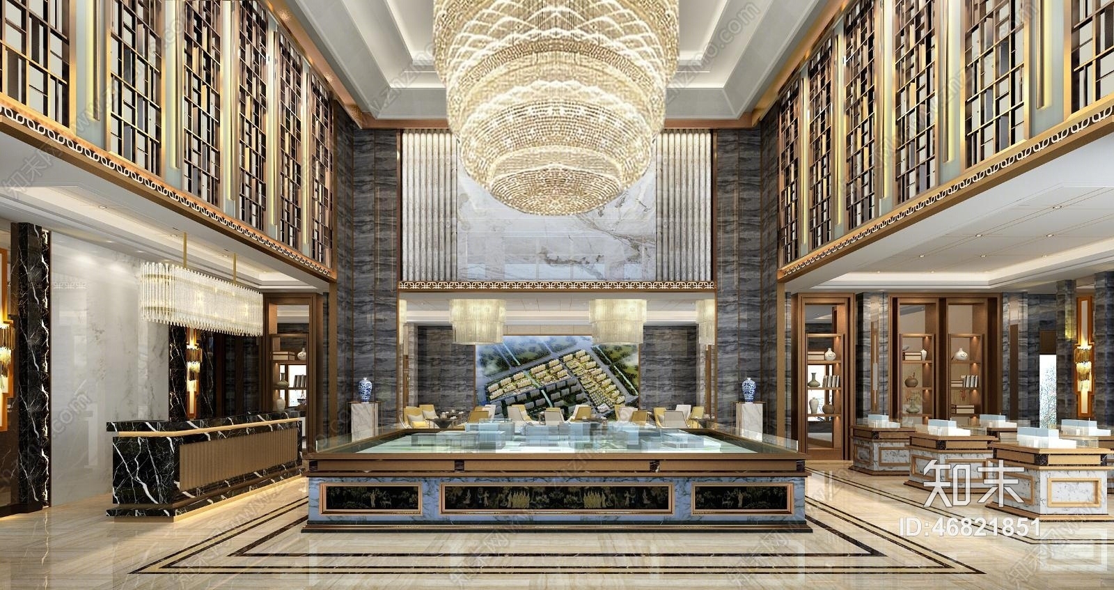 新古典售楼处大厅3d模型下载【id:46821851】