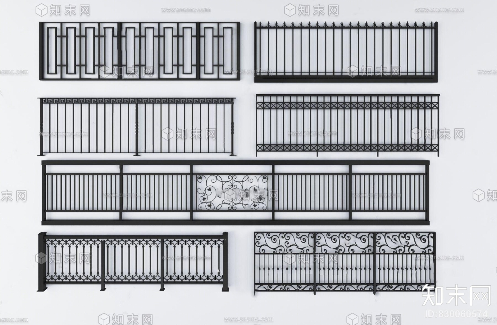 现代铁艺护栏组合3d模型贴图贴图下载_现代铁艺护栏3d