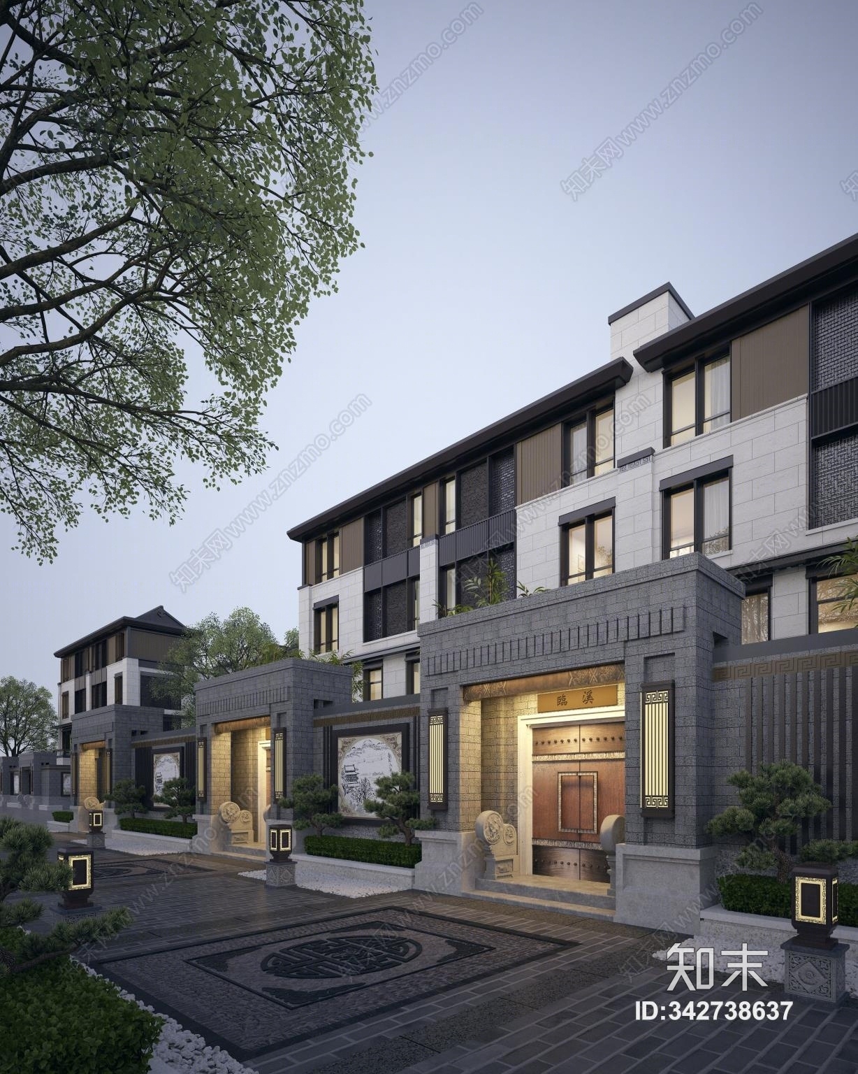 新中式新亚洲联排别墅建筑外观3d模型下载