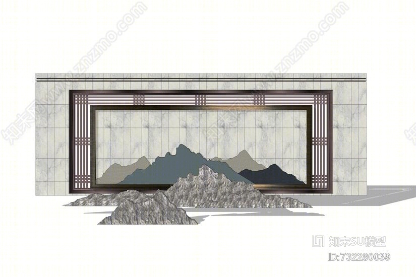 新中式山形景墙su模型su模型下载