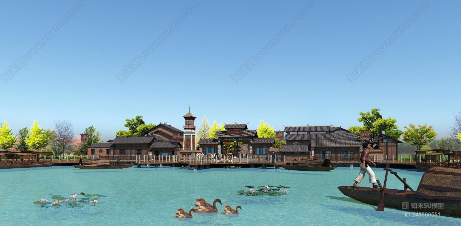 原创中式风格风景名胜 渔夫码头 旅游服务区su模型下载【id:248300551
