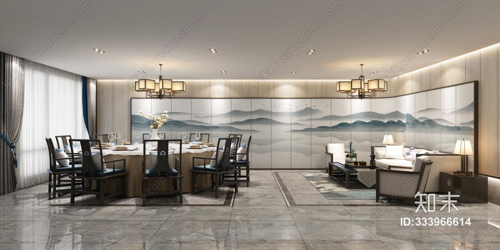 新中式酒店包房3d模型下载【id:333966614】