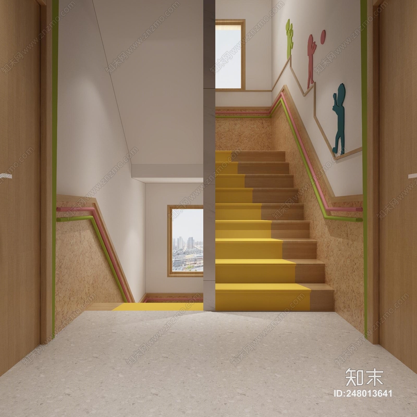 原创现代幼儿园 男女卫生间 楼梯墙饰 墙裙 造型门3d模型下载【id