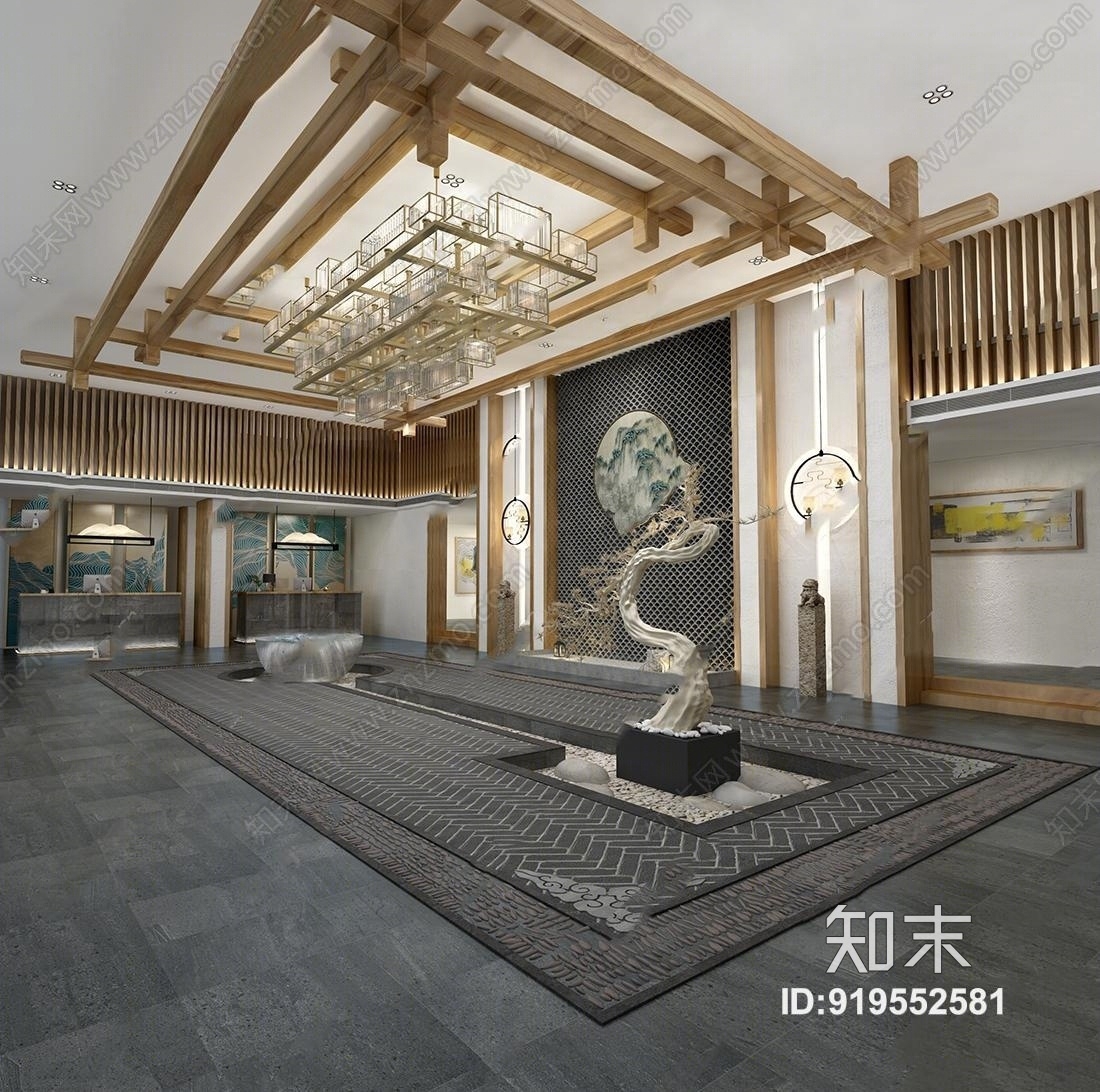 新中式民宿酒店前台大堂3d模型3d模型下载【id:919552581】