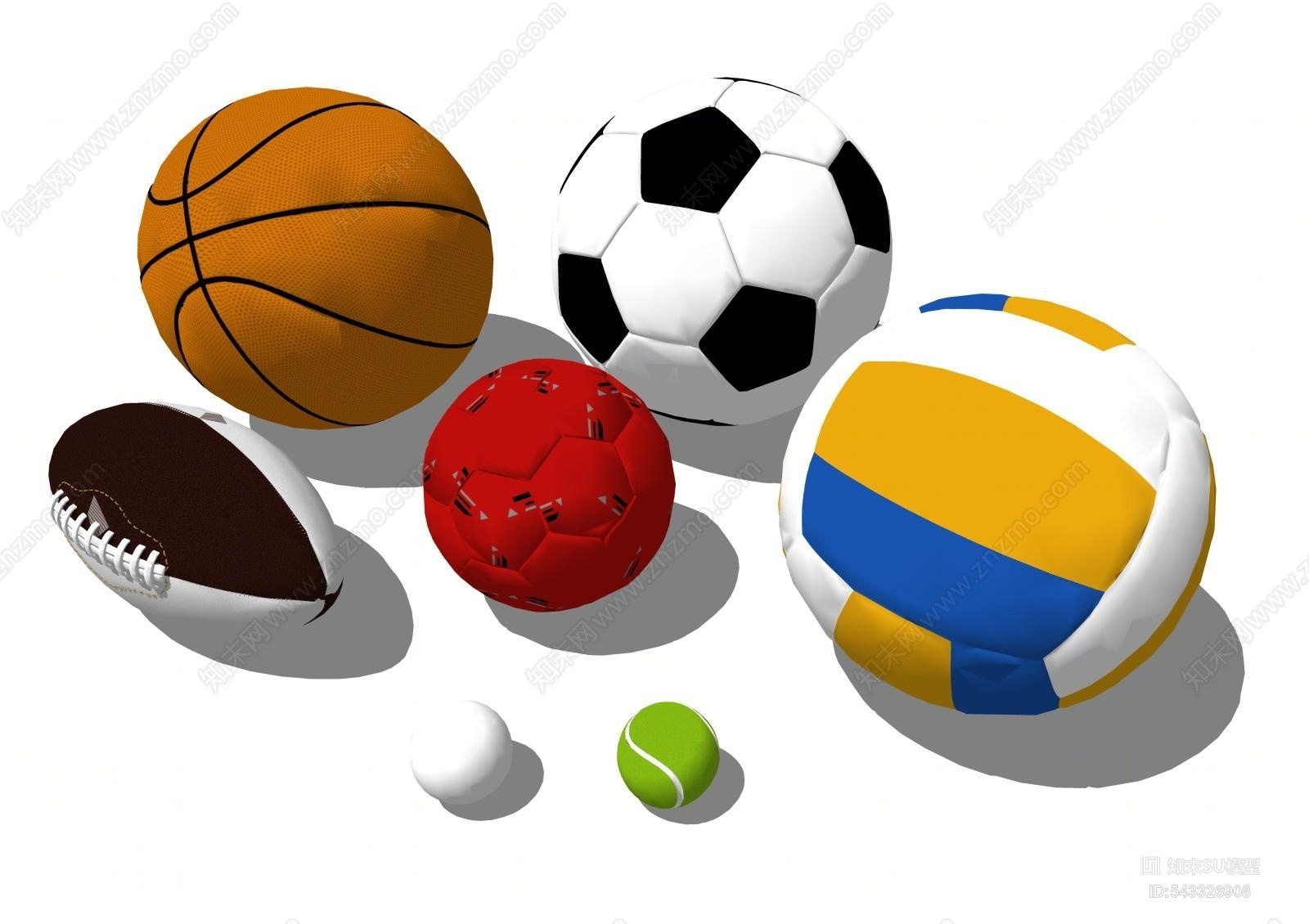 原创现代篮球组合 足球 排球 橄榄球 网球su模型下载【id:543326908】