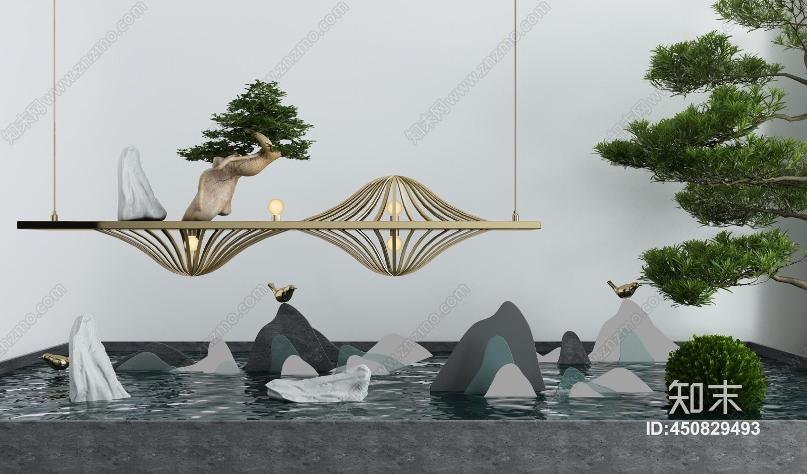 新中式庭院假山景观小品水景枯山水石禅意小品3d模型下载【id
