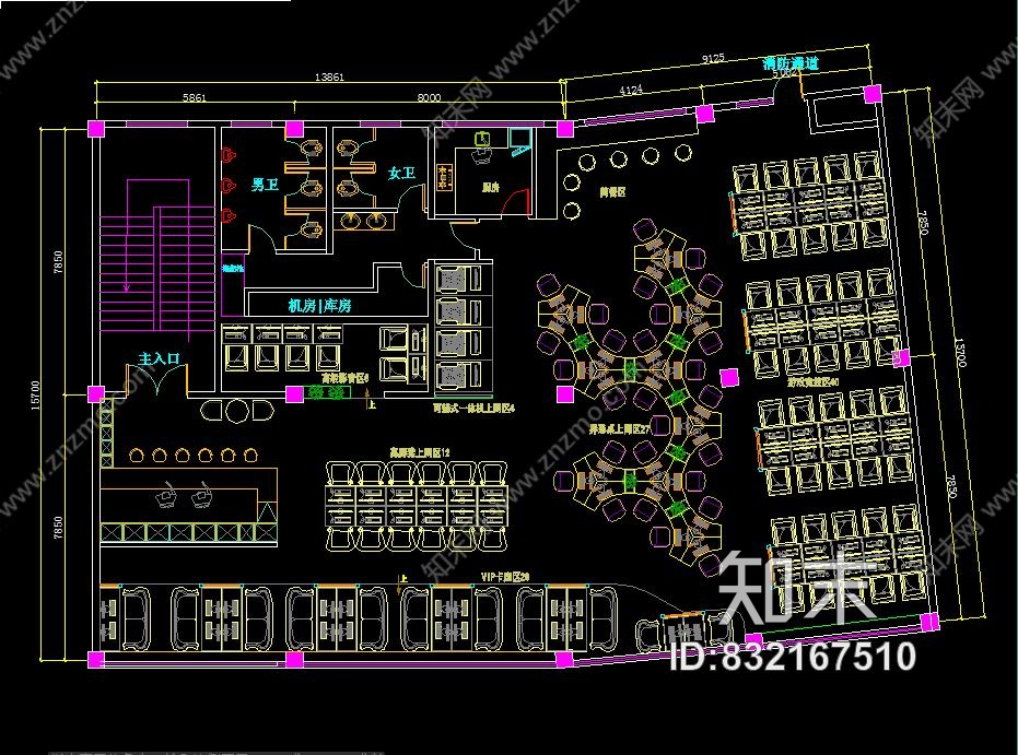 LOFT风格网吧网咖室内设计装修CAD施工图+2张效果图施工图下载【ID:832167510】