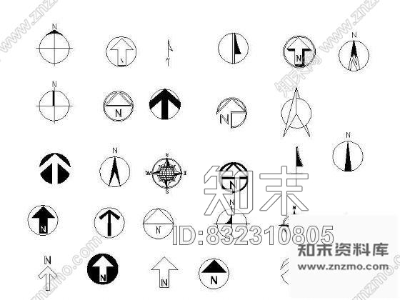 图块/节点多种指北针图块cad施工图下载【ID:832310805】