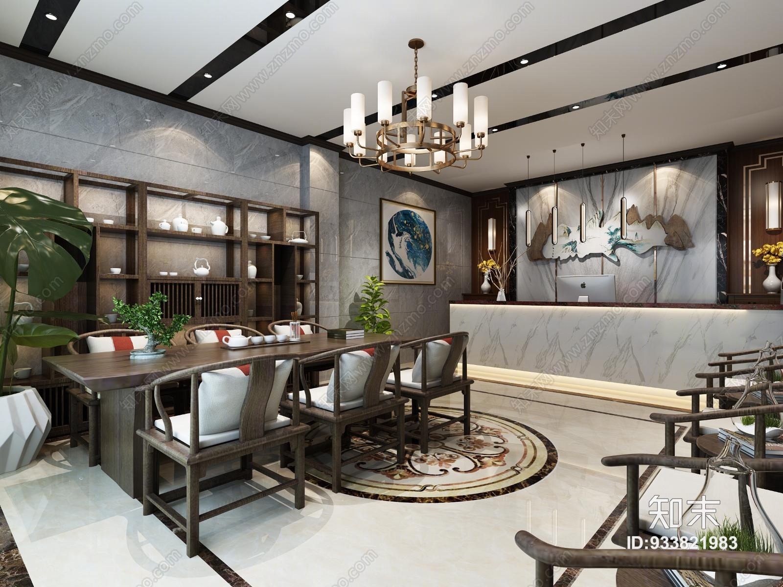新中式茶楼大厅3d模型下载【id:933821983】