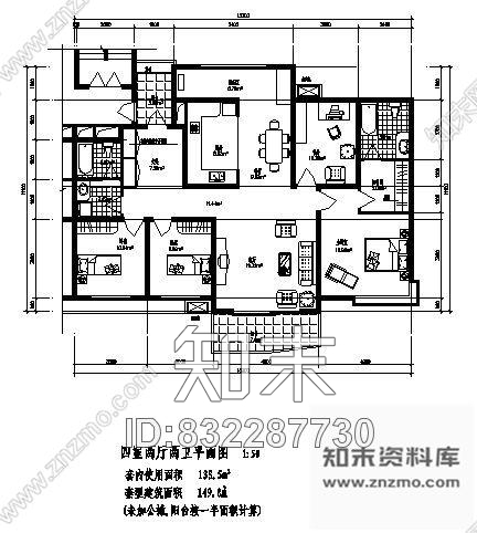 图块/节点四套经典户型平面cad施工图下载【ID:832287730】