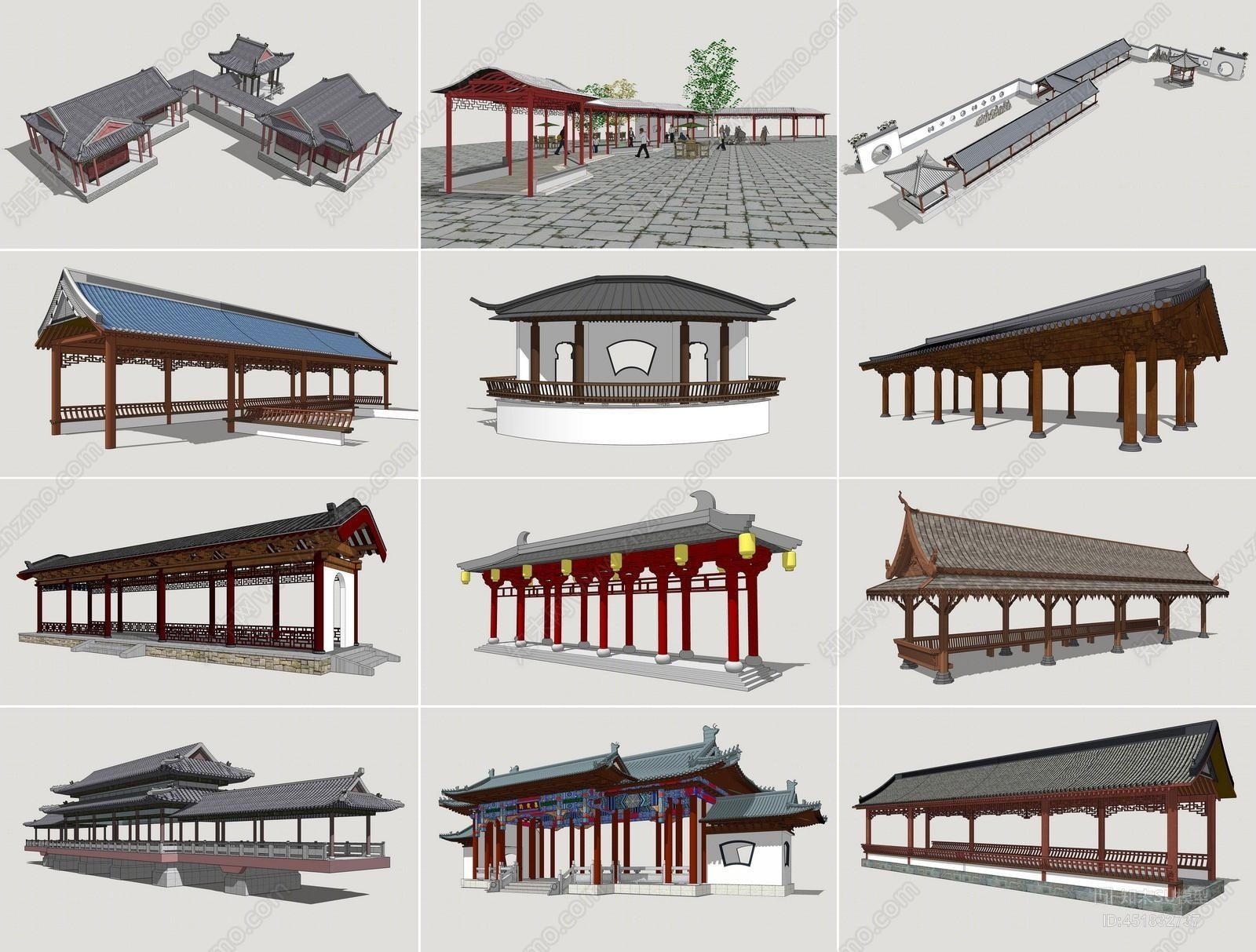 原创中式风格廊架 中式古典长廊 园林廊架su模型下载【id:451832737】