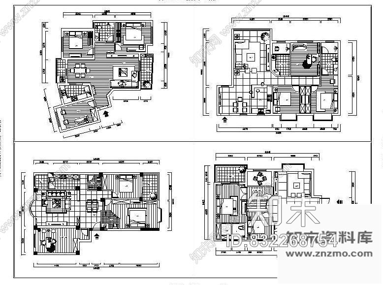 图块/节点四种不同户型平面布置图cad施工图下载【ID:832268754】