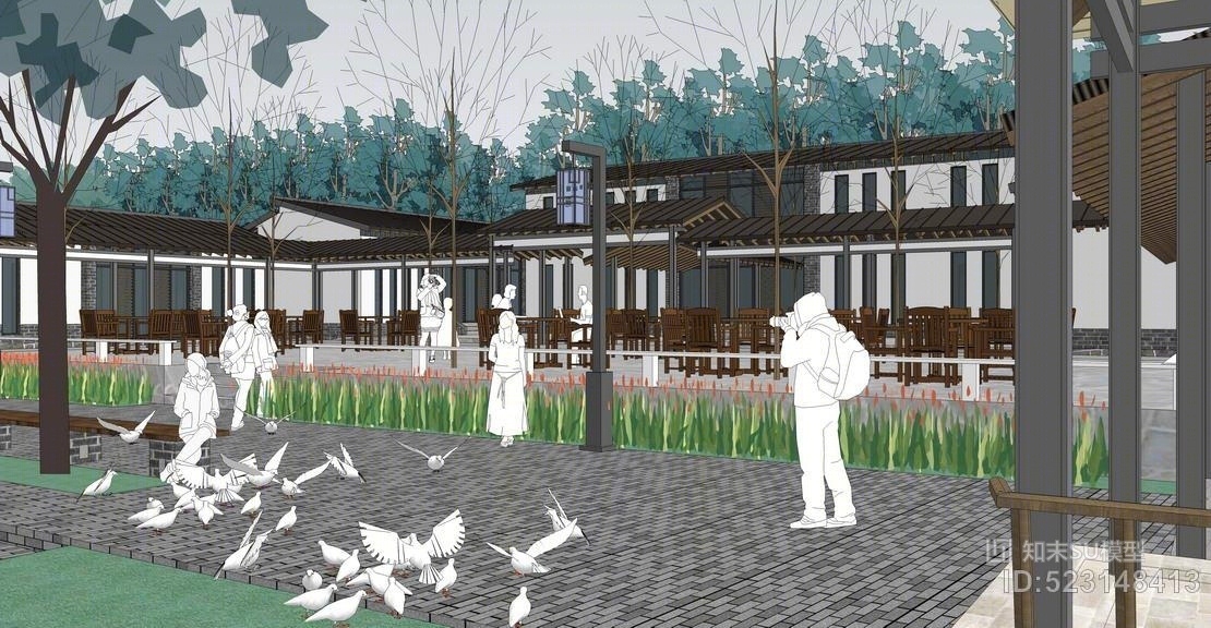 中式新农村公共活动区景观su模型su模型下载【id:523148413】