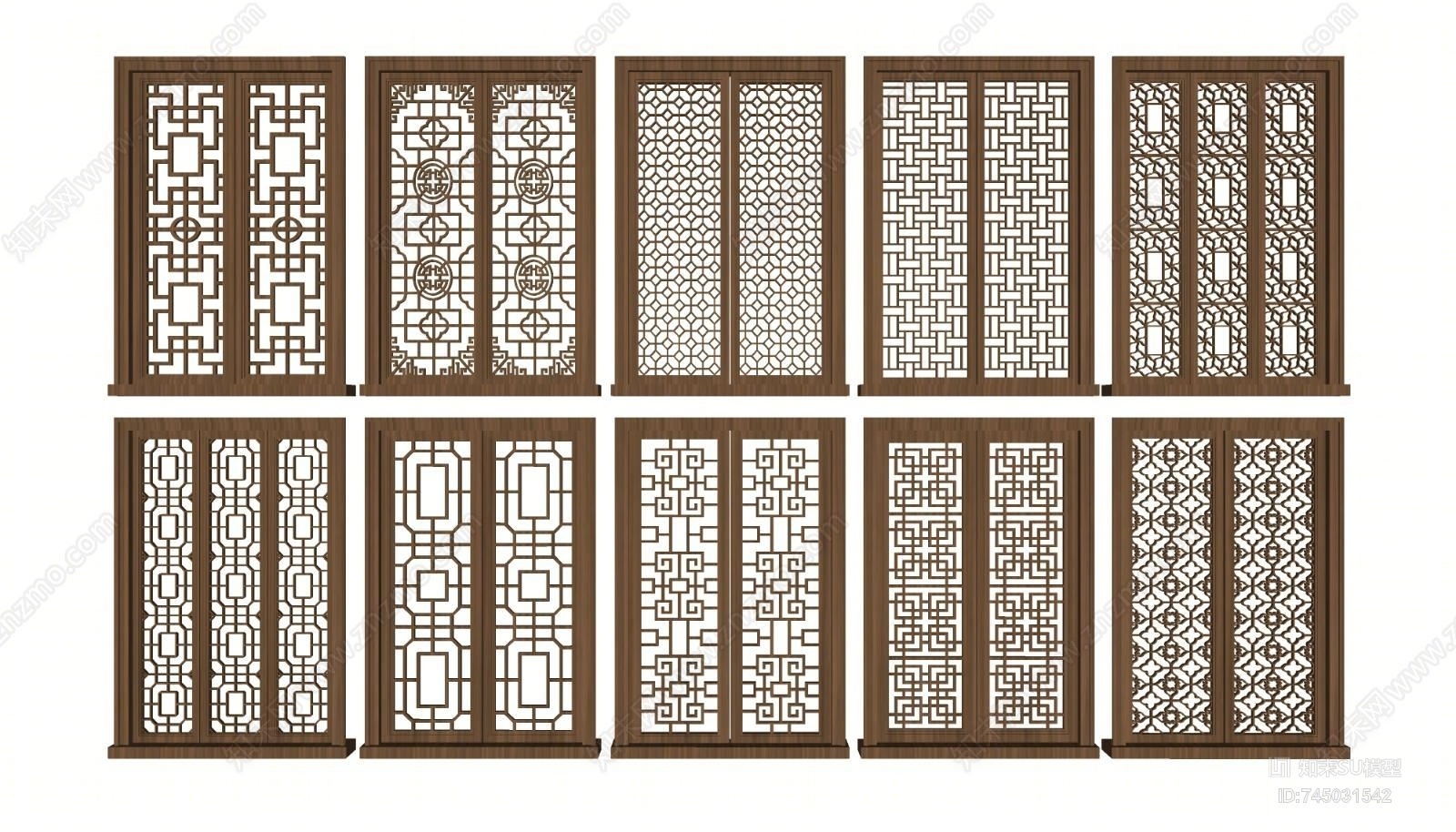 新中式花格门窗组合su模型下载