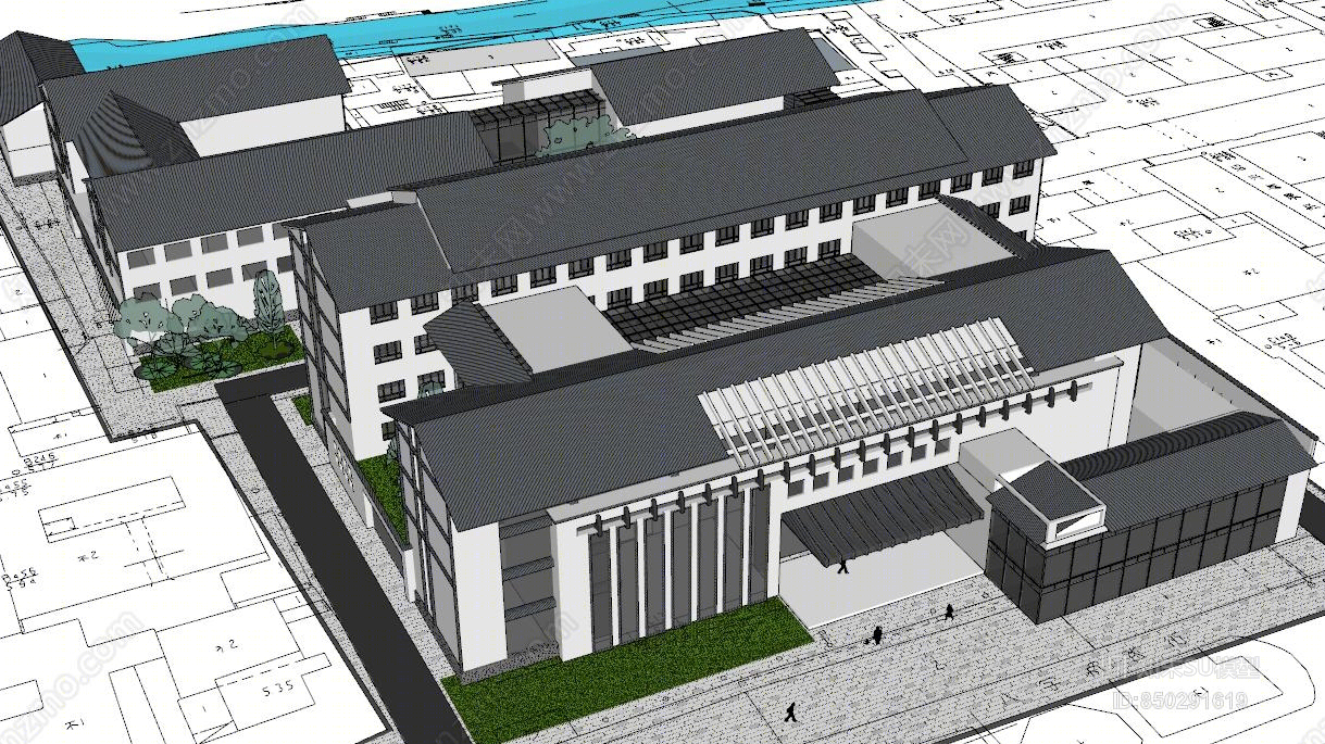 原创中式古建筑 教学楼 办公楼su模型下载【id:850291619】